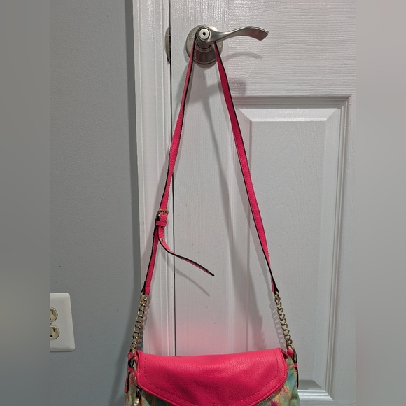 Juicy Couture Neon Pink & Multi-color Faux Snake Skin Flap Envelope Crossbody - Picture 2 of 10